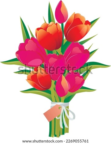 Bouquet of tulips. Red, pink, yellow spring flowers.Vector floral clip art illustration. Mother's day, women's day,  March 8. Print on fabric and paper. Cartoon style