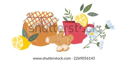 Ginger, honey pot and lemon, flat vector isolated on white background. Ingredients for ginger tea making. Home remedies for flu and cold treatment. Royalty-Free Stock Photo #2269056143