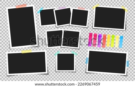 Photo frame with adhesive tape of different colors and paper clip. Photo realistic vector makeup of different size on transparent background.