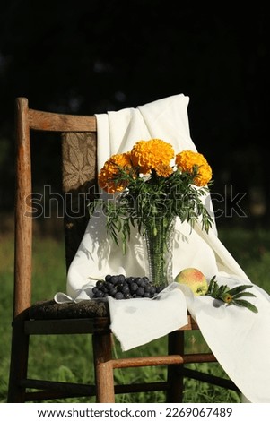 Summer still life with bright yellow flowers set against a landscape background