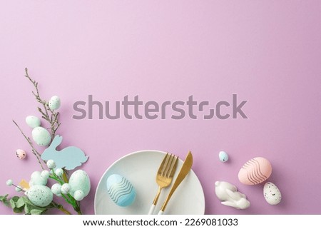 Easter concept. Top view photo of plate cutlery bouquet with easter eggs and ceramic bunny on isolated lilac background with copyspace