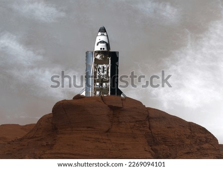 Ruins of the space shuttle crush somewhere in Mars mountains. Red planet colonization concept. Elements of this image were furnished by NASA