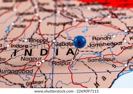 Raipur pin map. Close up of Raipur map with red pin. Map with red pin point of Raipur in India.