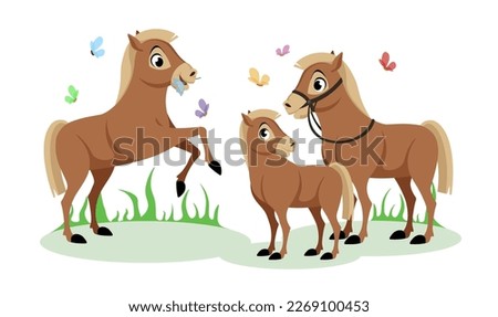 Vector illustration of cute and beautiful horses isolated on white background. Vector illustration of horse family: jumping horse, small foal, standing horse and butterflies in cartoon style.