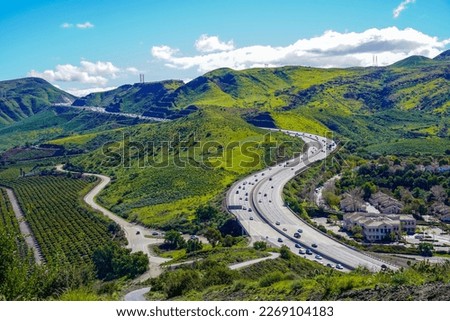 Panoramic 101 Ventura Highway in Southern California winding through green hills and valleys from Thousand Oaks to Northern California  Royalty-Free Stock Photo #2269104183