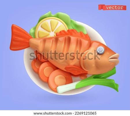 Grilled fish with vegetables. 3d cartoon vector icon