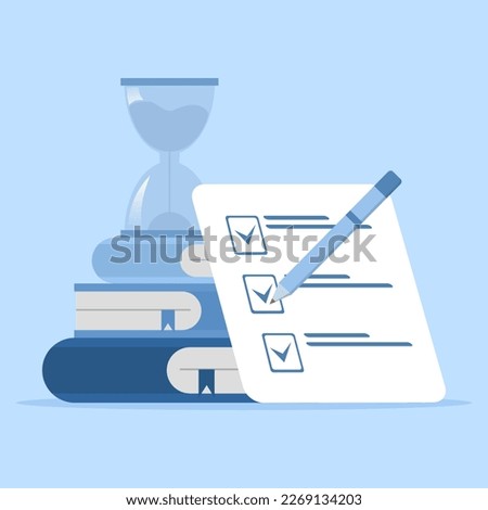 Exam preparation concept, school exam, exam concept, checklist and hourglass, choose answer, questionnaire form, education, school exam, vector flat illustration Royalty-Free Stock Photo #2269134203