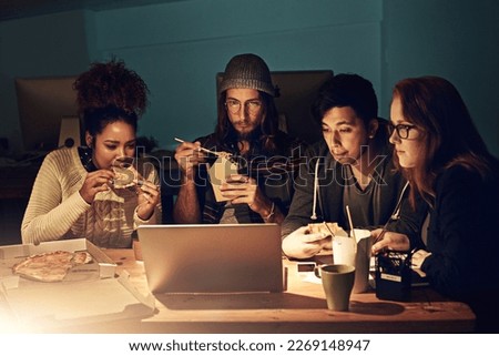Office fast food, laptop or people teamwork on web search for college research, learning digital database or project. Pizza night, school education study or students data analysis of online analytics