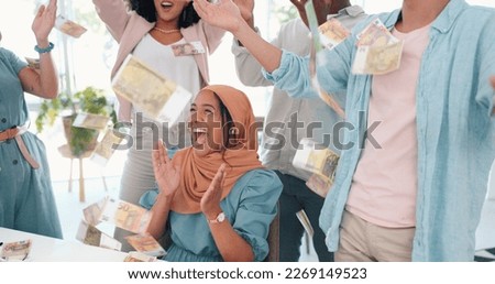 Business team, cash and money rain for bonus salary, success and winning. Winner, group and employees celebrate stock market, financial freedom and high five for investment, sales profit and economy