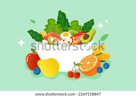 World food day, a bunch of healthy food fruits with vegetable leaves, apples, bananas, oranges, pears, grapes, etc., vector illustration Royalty-Free Stock Photo #2269158847