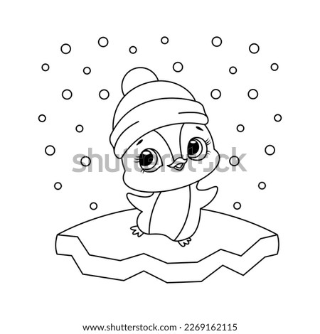 Coloring page outline of cartoon cute little penguin in a hat on ice. Coloring book for kids	
