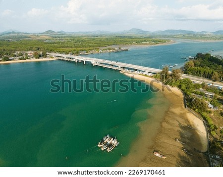 Aerial view of Sarasin bridge road transportation background,The bridge is a between Phang Nga and Phuket island Thailand,The bridge is the most important in making business and transportation