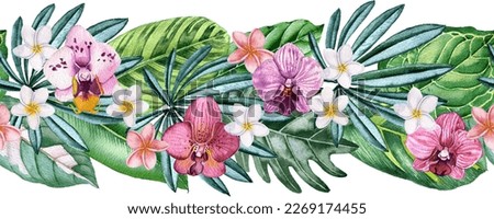 watercolor drawing green tropical leaves and orchid and plumeria flowers, floral seamless border, exotic natural pattern at white background , hand drawn illustration