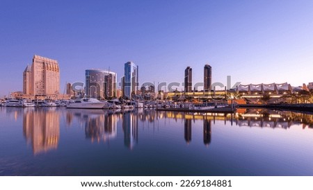San Diego, California, USA downtown skyline at the Embarcadero at twilight.
