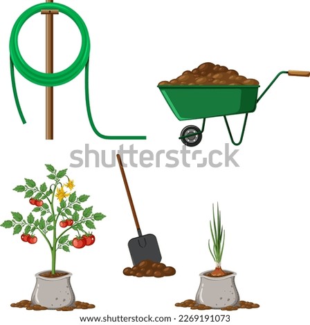 Set of plant and gardening tools and equipment illustration