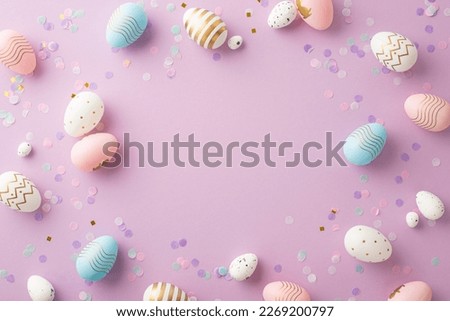 Easter decorations concept. Top view photo of colorful easter eggs and confetti on isolated lilac background with blank space in the middle