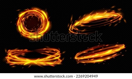 Fire circle with light trail glow effect. Isolated magic flare ring with motion blur vector illustration. Power and energy bright orange twirl portal. 3d speed lines border asset for game.