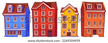 Scandinavian city houses and buildings. European town street real estate. Exterior of sweden architecture, houses with shop or cafe storefront isolated on white background, vector cartoon set