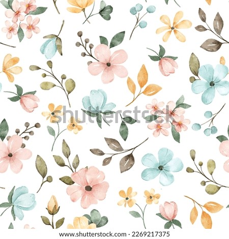 Seamless background, floral pattern with watercolor flowers pink and blue color. Repeat fabric wallpaper print texture. Perfectly for wrapped paper, backdrop.
