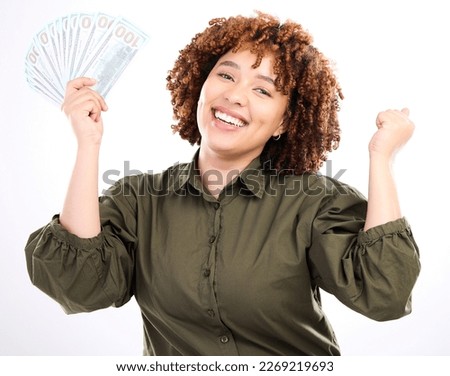 Happy, money and winner with portrait of black woman for investment, success or growth. Cash, dollar and wow with face of girl customer isolated on white background for financial, deal or promotion