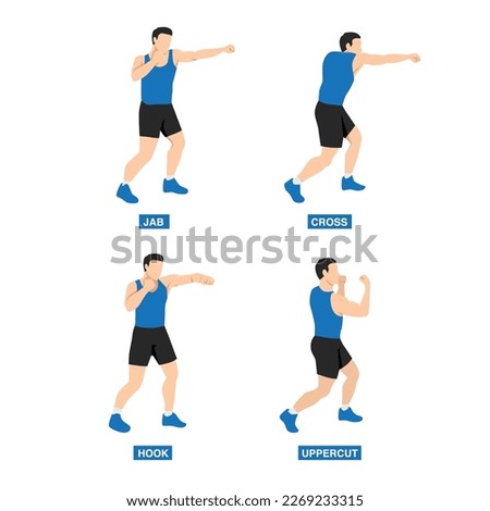 Man doing boxing moves exercise. Jab Cross Hook and Uppercut movement. Shadow boxing. Flat vector illustration isolated on white background Royalty-Free Stock Photo #2269233315