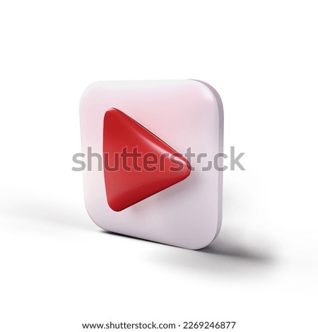 3D icon render social media red play video with shaddow on white background with clipping path. Button for start multimedia player concept of video online translation, audio playback illustration.