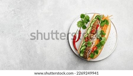 Sandwich Banh mi, vietnamese food, top view, copy space Royalty-Free Stock Photo #2269249941