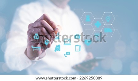 Health Care Service, Life Insurance and Medical technology Concept, Businessman touching medical service network connection icons on virtual interface
