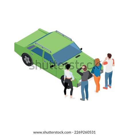 Carsharing carpooling ridesharing isometric composition with conceptual icons and human characters vector illustration