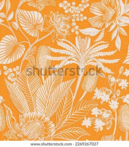 Seamless tropical pattern. Lacy pattern of palm trees on an orange background. Papercut pattern.  Royalty-Free Stock Photo #2269267027