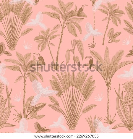 Hawaiian seamless pattern. Palm trees and birds delicate luxury pattern. Gold seamless pattern on pink background. Nautical motifs embroidery. Color trend.  Royalty-Free Stock Photo #2269267035