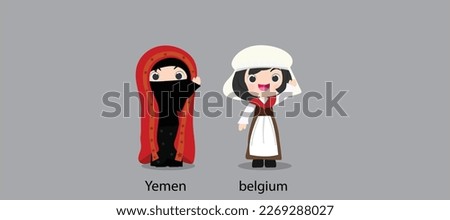 People in national dress.Yemen,Belgium. Set of pairs dressed in traditional costume. Vector illustration.
