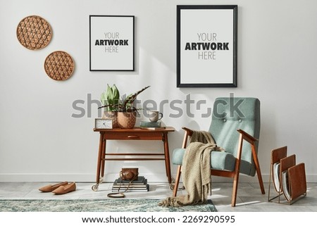 Interior design of retro living room with stylish vintage armchair, shelf, house plants, cacti, decoration, carpet and two mock up poster frames on the white wall. Botany home decor. Template.