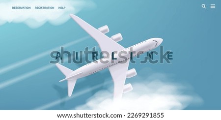 Vector 3d illustration of airplane in the clouds top view. Booking service or travel agency website front page banner template Royalty-Free Stock Photo #2269291855