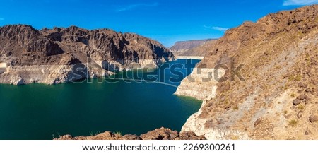 Panorama of Low water level strip on cliff at lake Mead. View from Hoover Dam at Nevada and Arizona border, USA Royalty-Free Stock Photo #2269300261