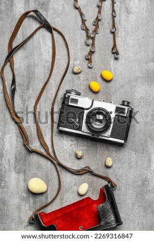 Photo camera with Easter eggs and willow branches on grunge background