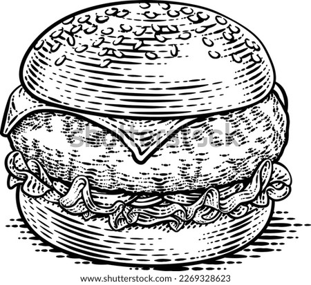 Burger hamburger illustration in a vintage retro woodcut etching style.
