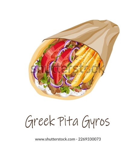 Traditional Greek souvlaki Pita Gyros with pork, fried potatoes, tomato, onion, lettuce and tzatziki sauce wrapped in a fluffy pita on a white background. Famous Greek fast food. Vector illustration. Royalty-Free Stock Photo #2269330073