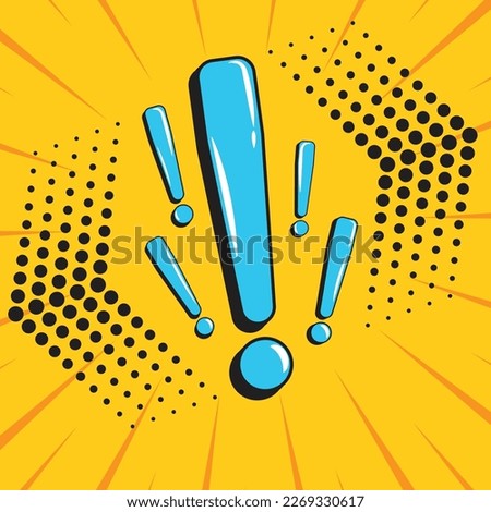 A cartoon image of an exclamation point with a yellow background. Exclamation mark in drawn pop art.