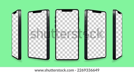 Smartphone mockup collection. Realistic models smartphone with transparent screens. Device front view. 3D mobile phone with shadow. Vector illustration isolated on green background. EPS 10