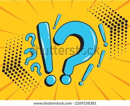 A comic book with question marks and exclamation point on a yellow background. Drawn pop art comic style Royalty-Free Stock Photo #2269338381