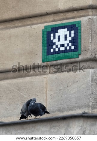 pigeons in love under Space Invaders Royalty-Free Stock Photo #2269350857