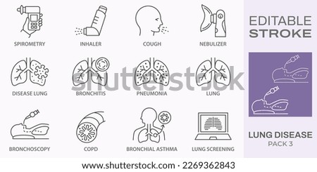 lung disease icons, such as inhaler, nebulizer, bronchoscopy, copd, cough and more. Editable stroke. Royalty-Free Stock Photo #2269362843