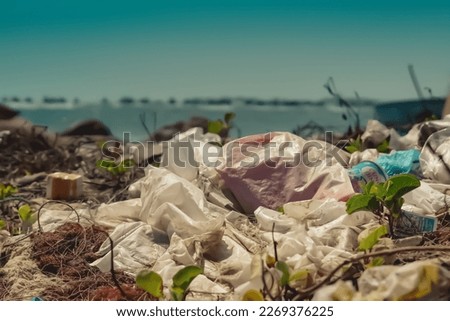 Sea horizon line. Real ocean life climate crisis, nature land pollution. Dirty sand beach, throwing outdoor plastic litter waste, need environmental protection. Problem of garbage caused by man made