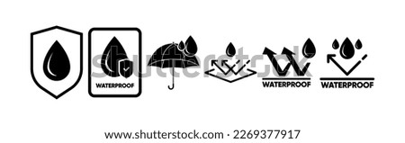 Waterproof icon. Water resistant icons for package. Water drop protection concept. Logo isolated on white background. Vector illustration. Royalty-Free Stock Photo #2269377917