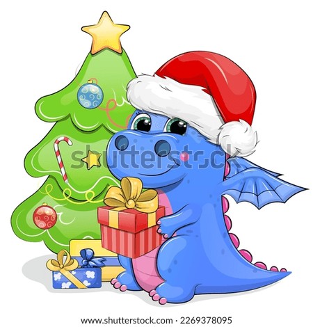 A cute cartoon dragon in a Santa hat holds a gift and stands next to the Christmas tree. Christmas animal vector illustration isolated on white background.