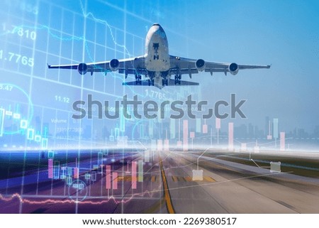 Double exposure airplane commercial and cargo business transportation with investing and stock market chart growth graph background. Royalty-Free Stock Photo #2269380517