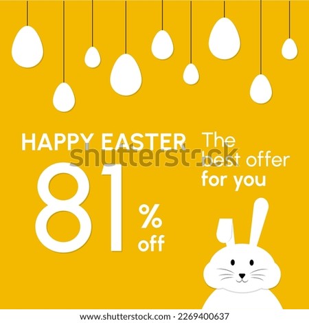 Happy Easter Sale tag, with a rabbit and eggs. In colors: white and yellow
