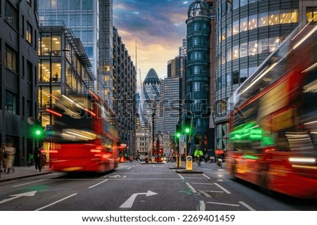 Sunset at the City of London, England, with traffic light trails and illuminated skyscrapers Royalty-Free Stock Photo #2269401459