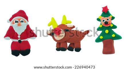 Set of cute christmas made from plasticine has santa claus reindeer and christmas tree